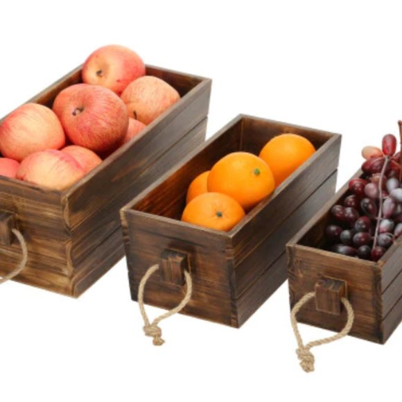SET OF 3 DRK BROWN WOOD NESTING CRATES/PLANTERS W/ ROPE HANDLES (NEW) - Picture 2 of 5